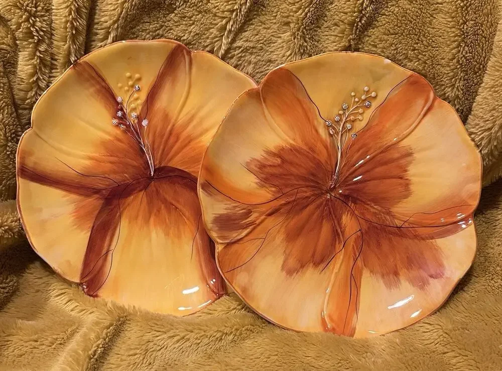 Gates Ware Flower Shaped Ceramic Plates Set Of 2 Spring Summer Orange hibiscus